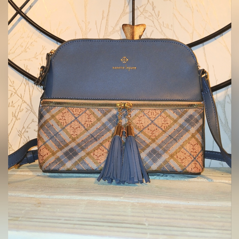 Nanette Lepore Women's Blue and Tan Crossbody Bag with Tassel